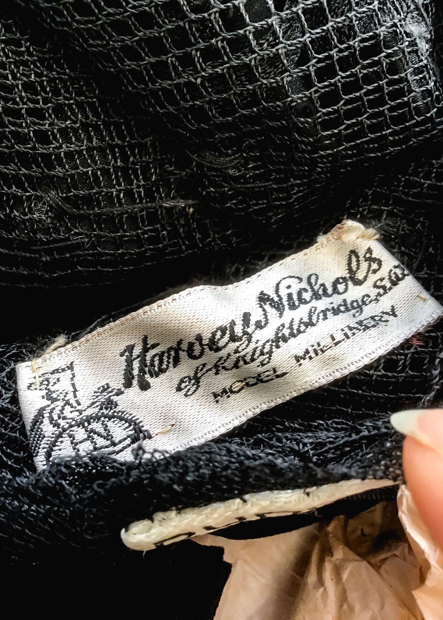 1950s Vintage Black Satin Ribbon Perch Wheel Hat for Harvey Nichols