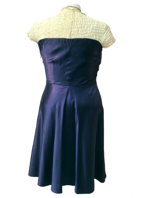 1950s Vintage Blue Satin Cocktail Fit and Flare Dress
