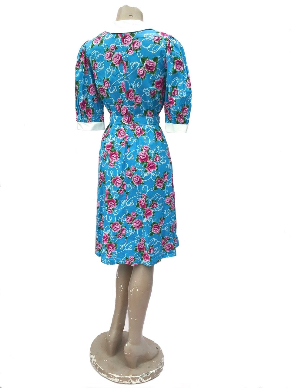 1980s Vintage Turquoise & Pink Carnation Cotton Print Summer Dress with Belt
