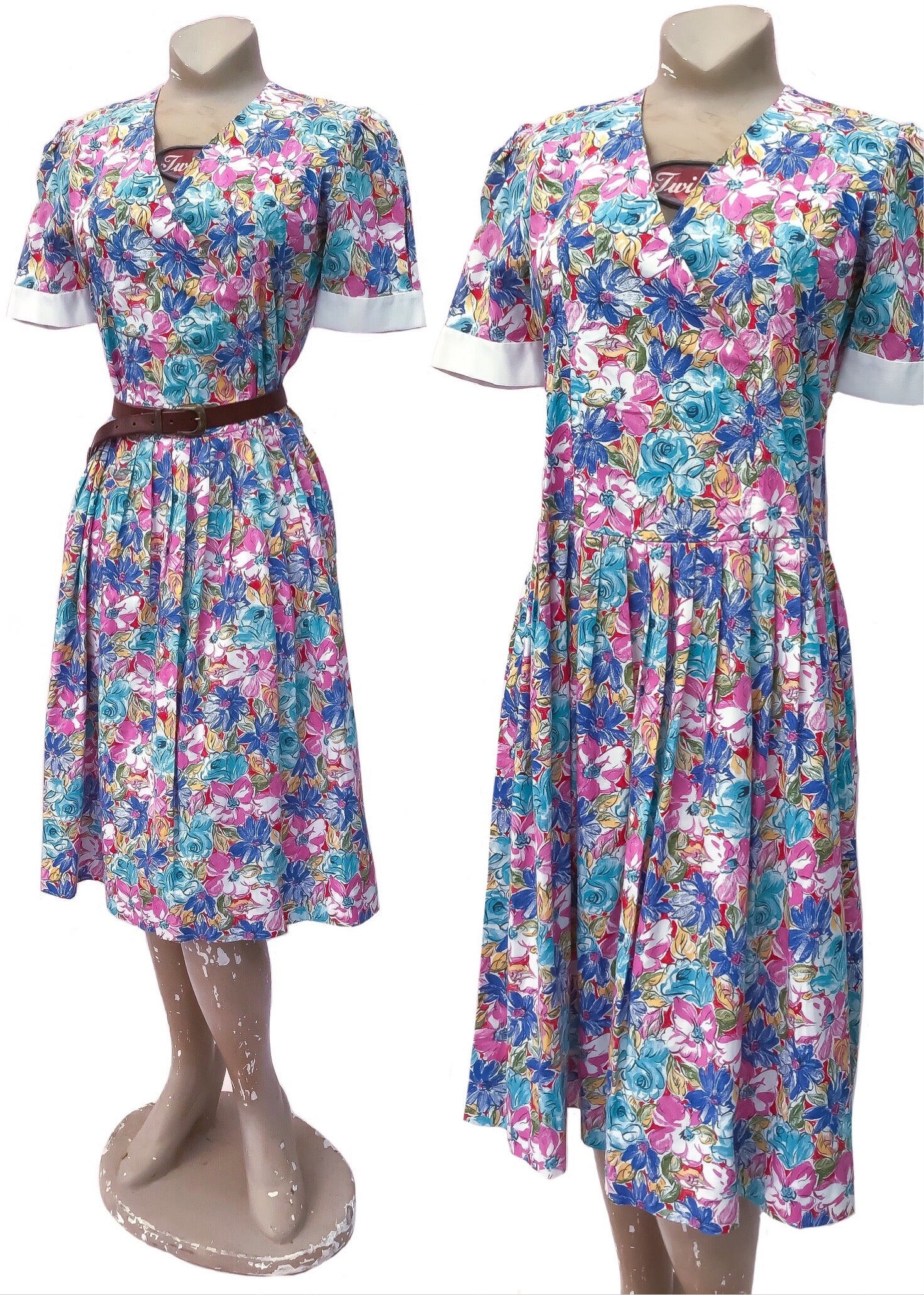 Handmade floral cotton drop waist dress from the 1980s, hand made and easy to wear.