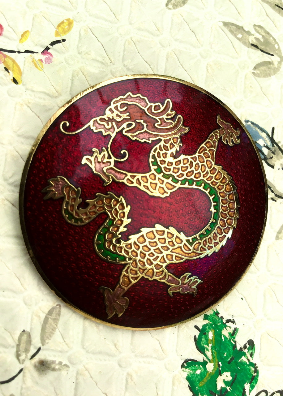 large vintage red cloissone enamel dragon brooch
