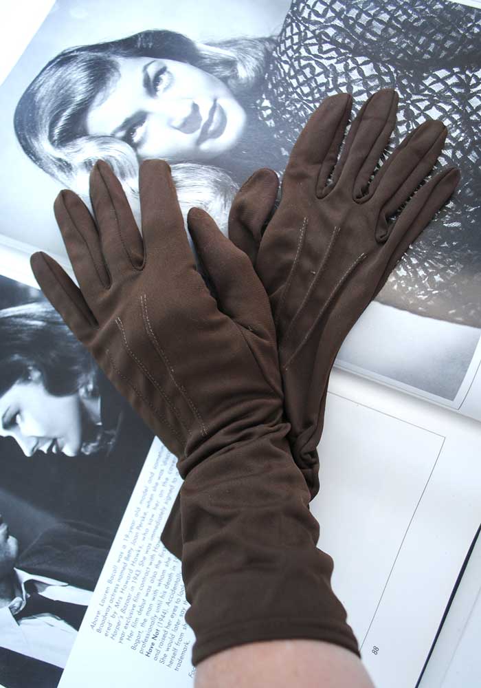 vintage 50s chocolate brown nylon gloves, small size