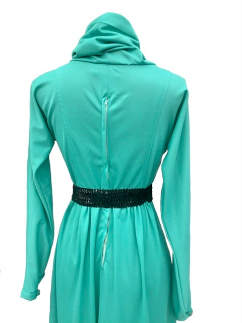 1970s Cool Green Maxi Dress with Cowl Collar Hood