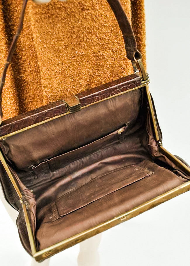 1940s Vintage Crocodile Handbag • Brass Clasp