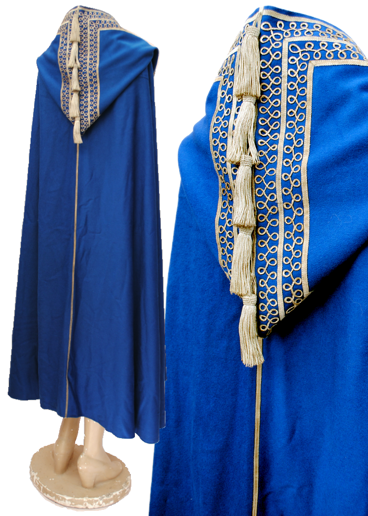 1960s Vintage Blue Cashmere Hooded Cloak | Metallic Embroidery