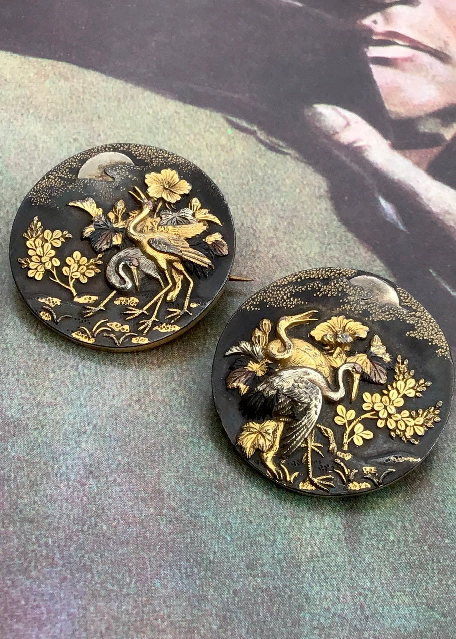 1800s Antique Japanese Shakudo Wedding Set of Button Studs, Brooches