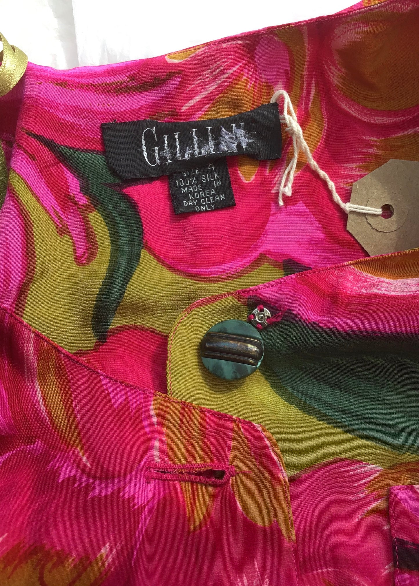 1980s Vintage Fuscia Pink Floral Silk Shirt Waister Dress by Gillian