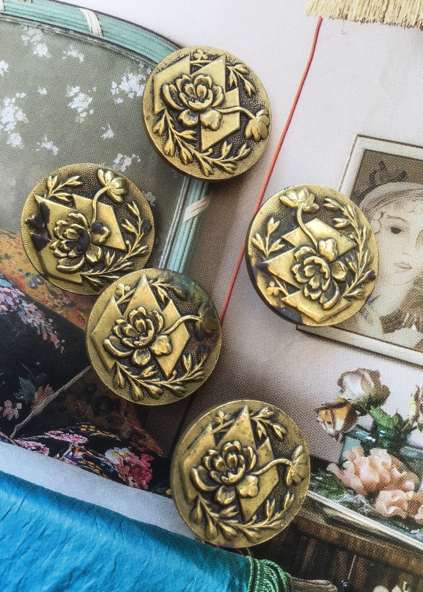 Antique art nouveau brass buttons of chrysanthemums by solidaire paris france