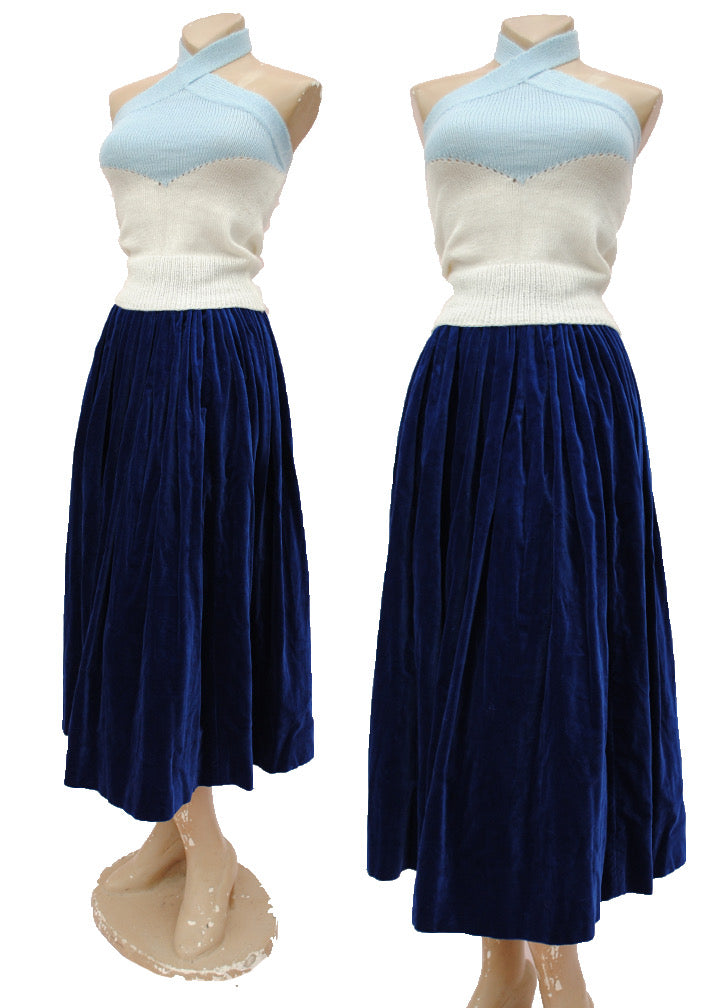 beautiful vintage cobalt blue velvet midi length flared skirt