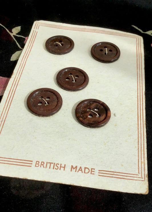 a set of five British Made 1940s brown tortoiseshell design small  plastic vintage buttons