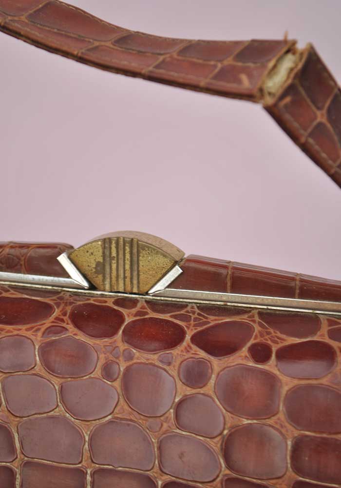 Vintage 30s Deco Crocodile Handbag • Small Barrel Shape • Brass Clasp
