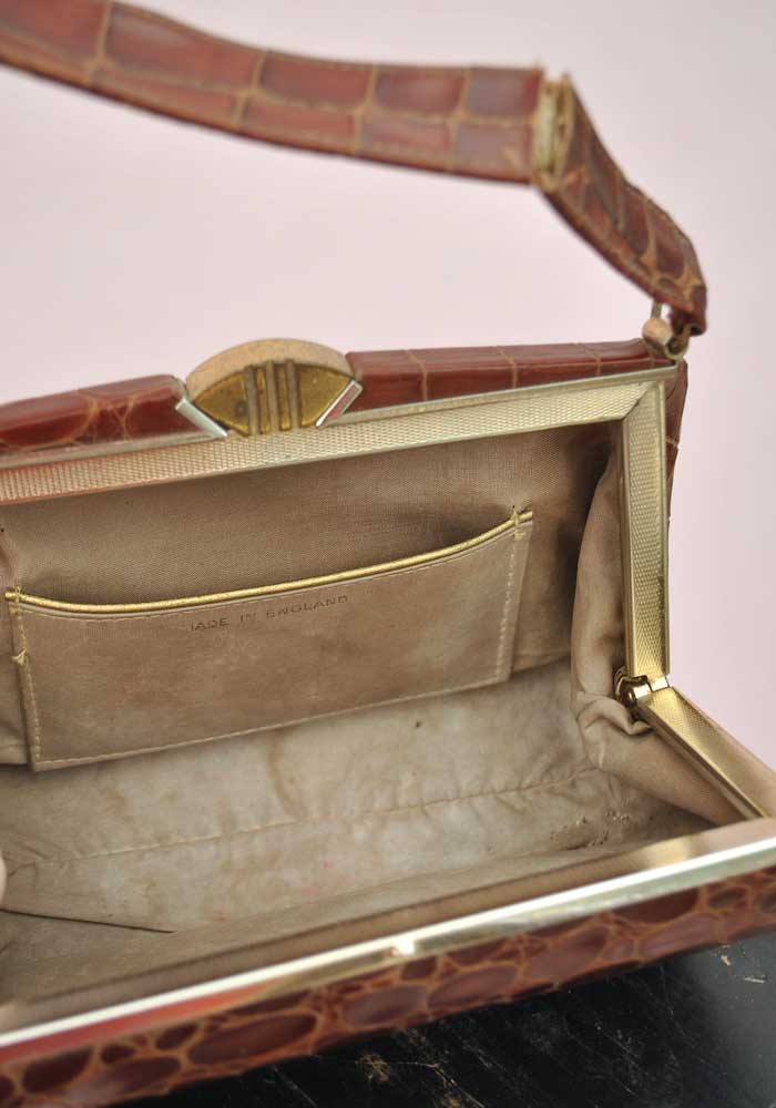 Vintage 30s Deco Crocodile Handbag • Small Barrel Shape • Brass Clasp