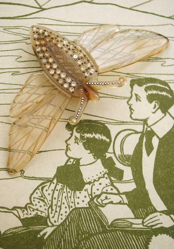 Moth brooch, hand carved in horn. French Art Nouveau.
