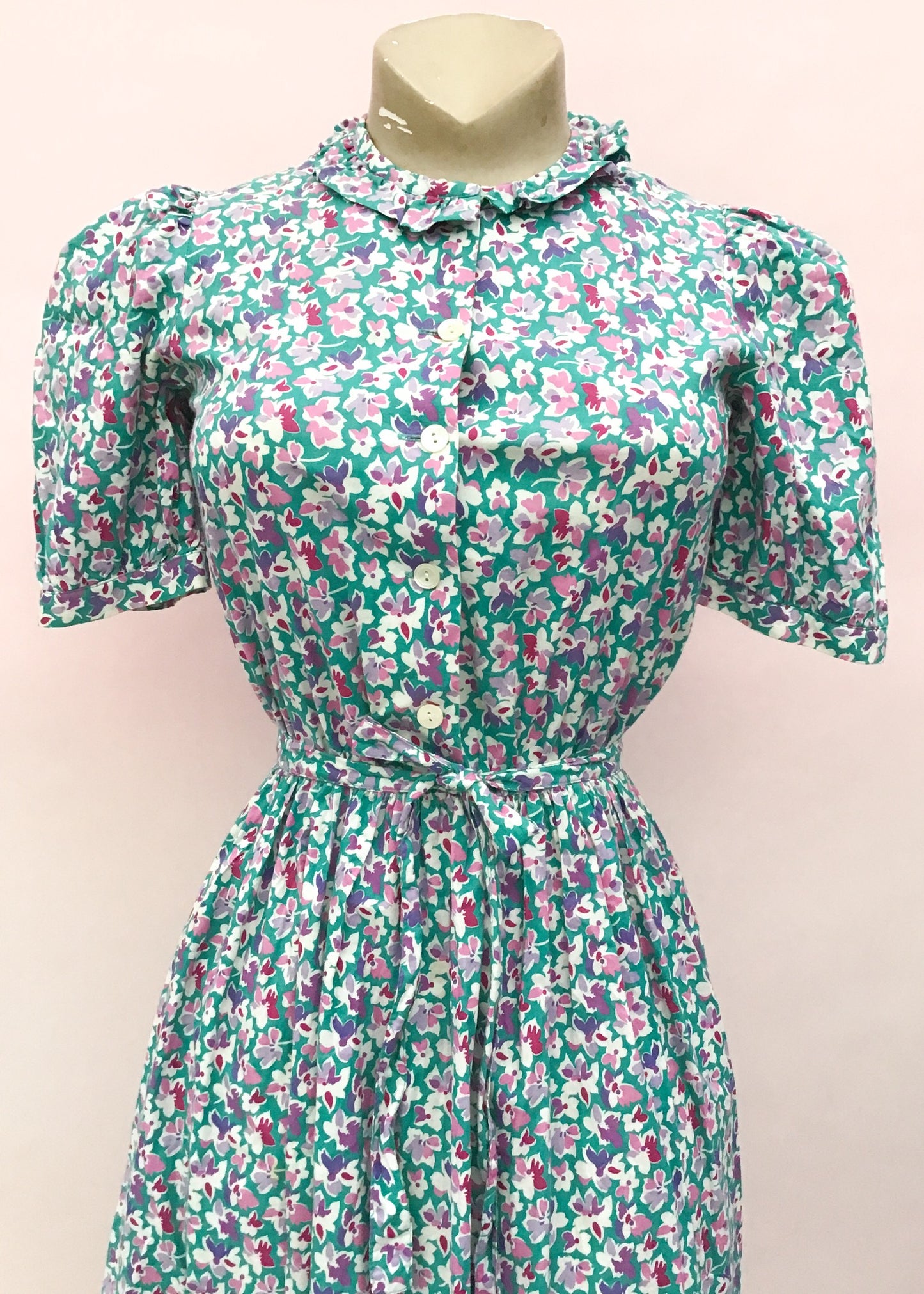 1940s Vintage Lilac Turquoise Floral Cotton Summer Tea Dress