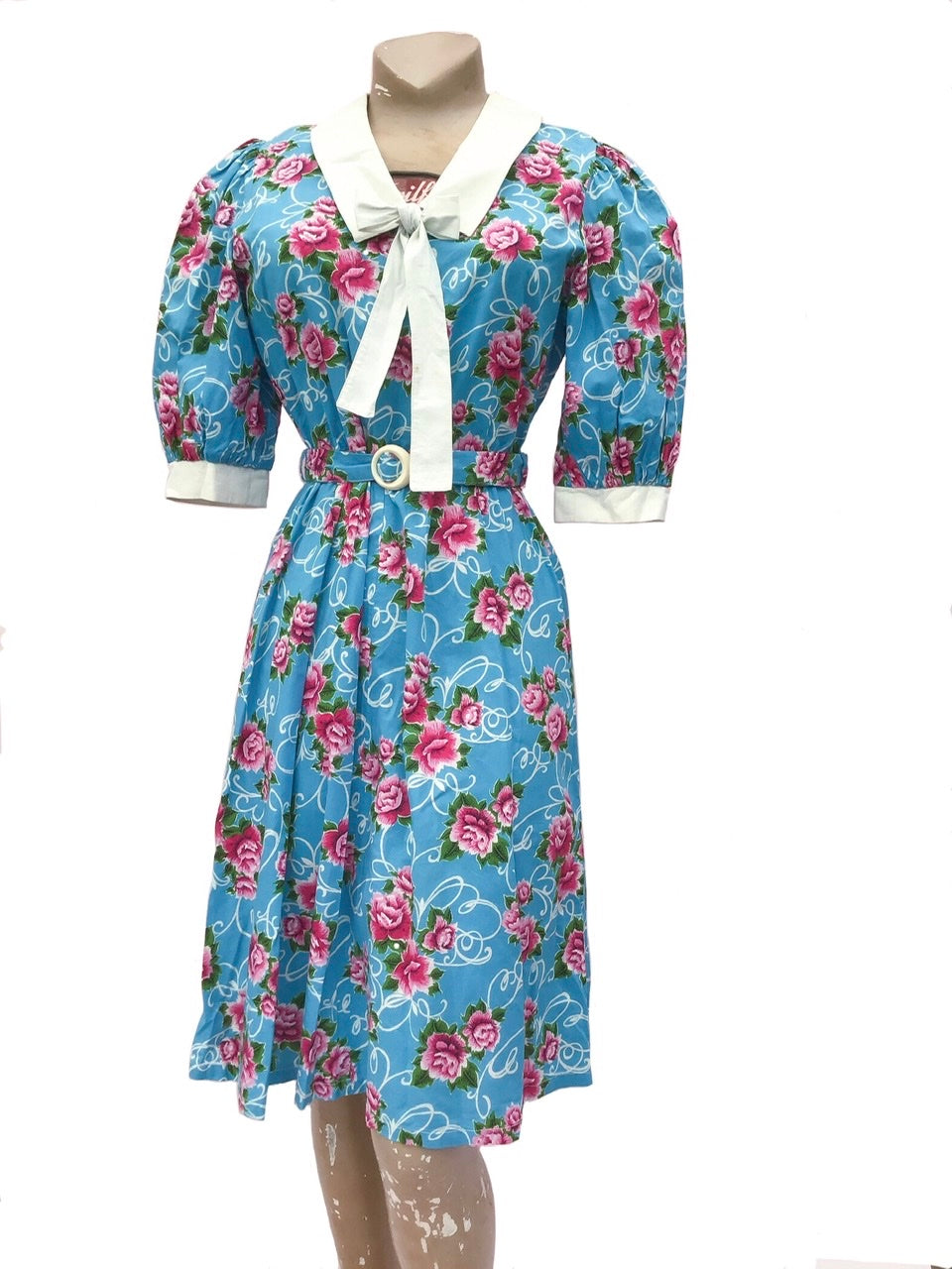 1980s Vintage Turquoise & Pink Carnation Cotton Print Summer Dress with Belt
