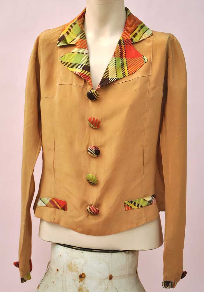 original vintage 1930s silk blouse in caramel and plaid