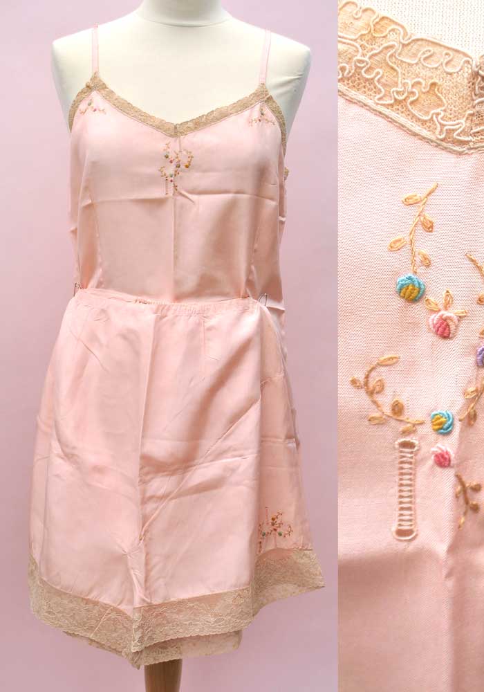 vintage 1920s pink silk tap set, camisole and tap pants
