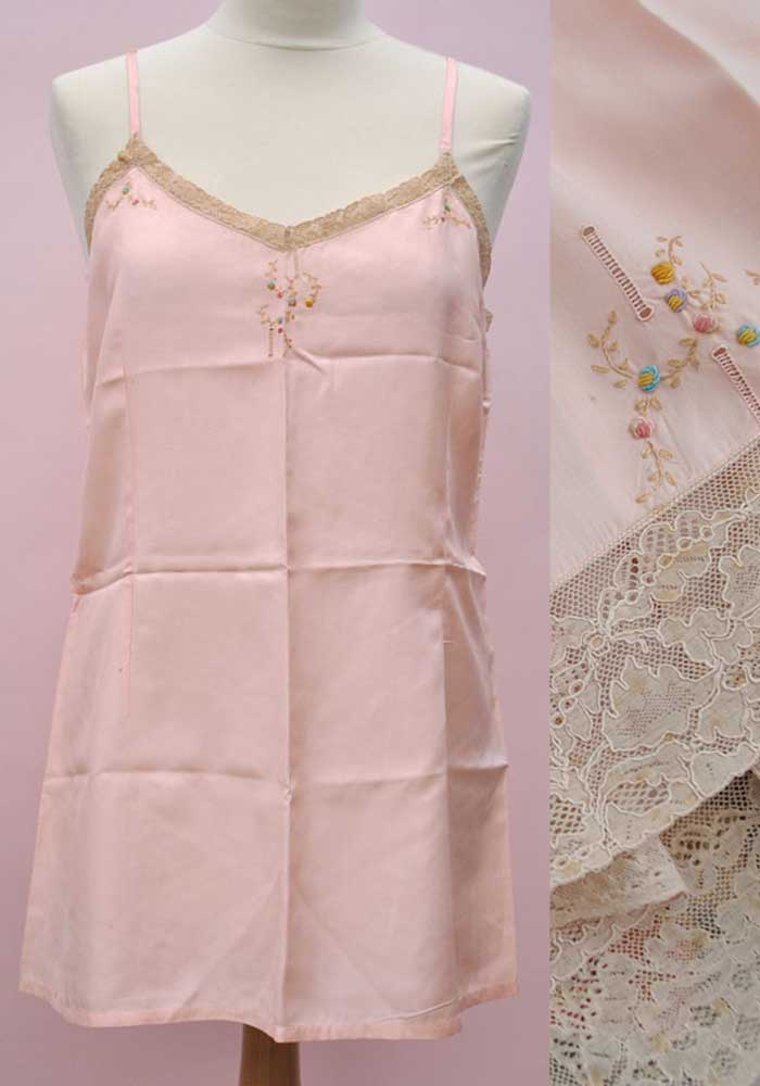 vintage 20s bridal lingerie, hand made pink silk cami set