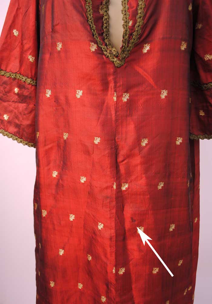 Vintage Traditional Moroccan Red & Gold Silk Brocade Kaftan Dress • Metallic Gold Braid