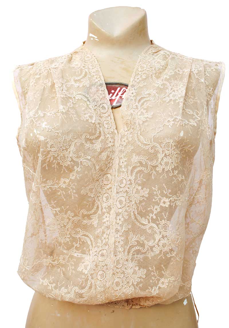 vintage 30s deco lace bodice camisole top, sheer chantilly lace in a light beige colour