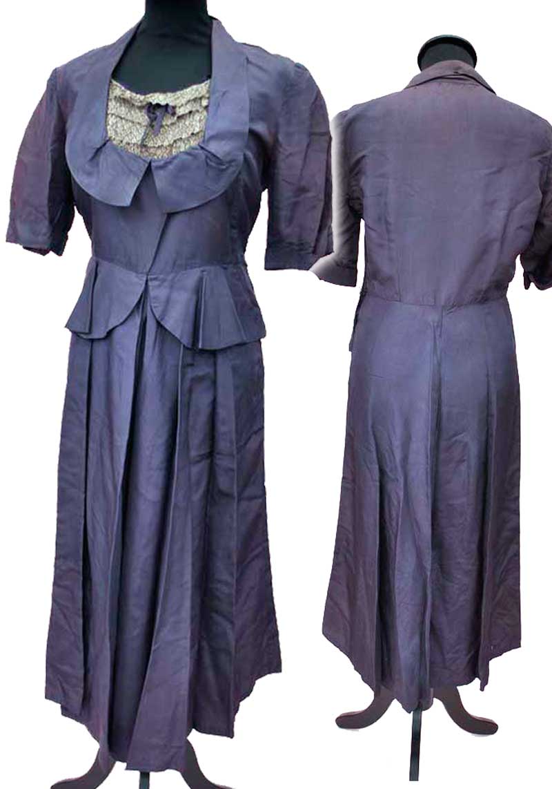 vintage 30s violet pelplum dress with metllic silver modesty panel