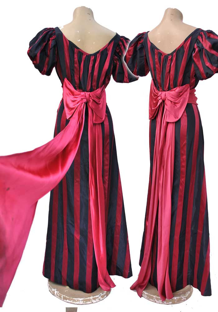 showstopper of a 1930s red carpet evening gown in hot pink and blue stripes