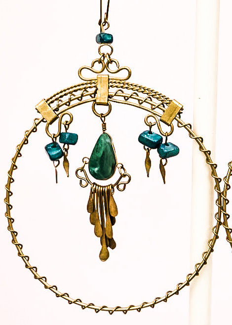 Vintage Turquoise & Brass Hoop Earrings • Gypsy • Boho