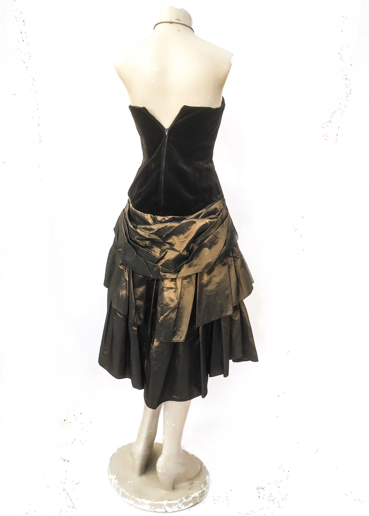 1990s Vintage Bronze Taffeta & Gold Steampunk Strapless Cocktail Dress