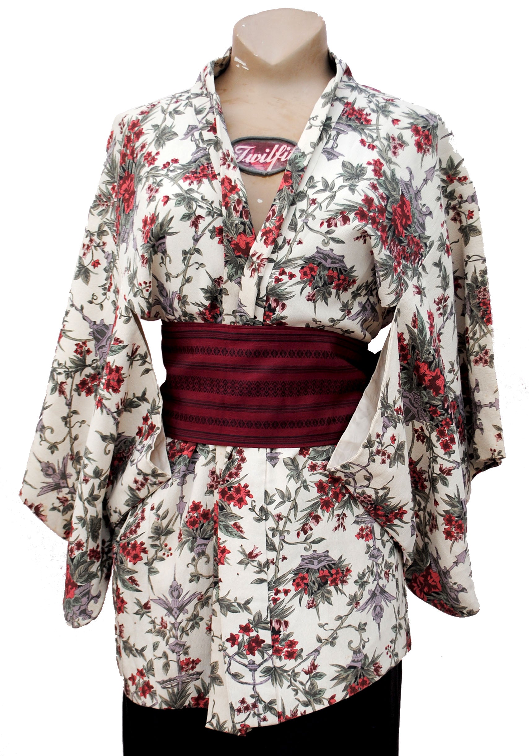 Vintage 1970s haori kimono robe with burgundy floral print