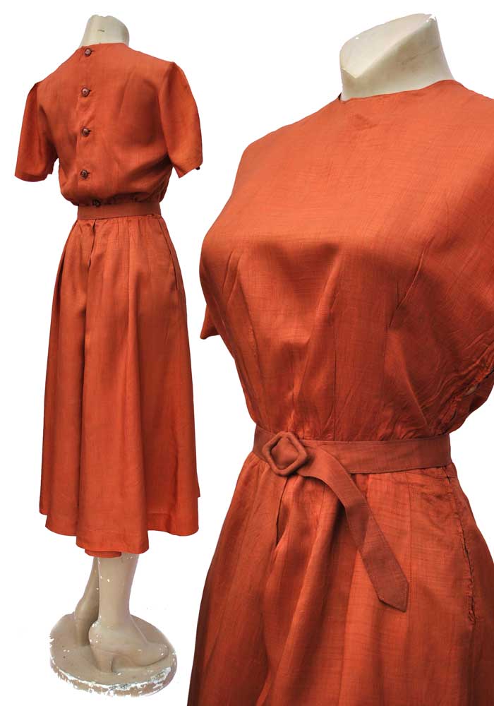 1940s Vintage Copper Silk Shirtwaister Dress • Summer Tea Dress