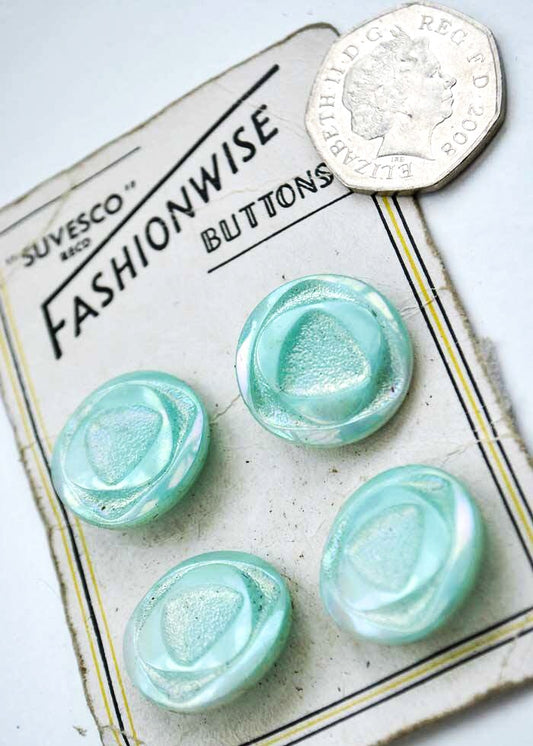 4 vintage pearlescent green glass buttons on fashionwise card