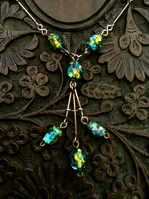 stunning art nouveau czech peacock eye glass bead lavaliere necklace