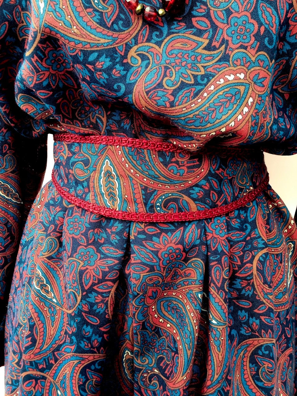1970s Vintage Burgundy and Blue Paisley Cossack Dress for Autumn