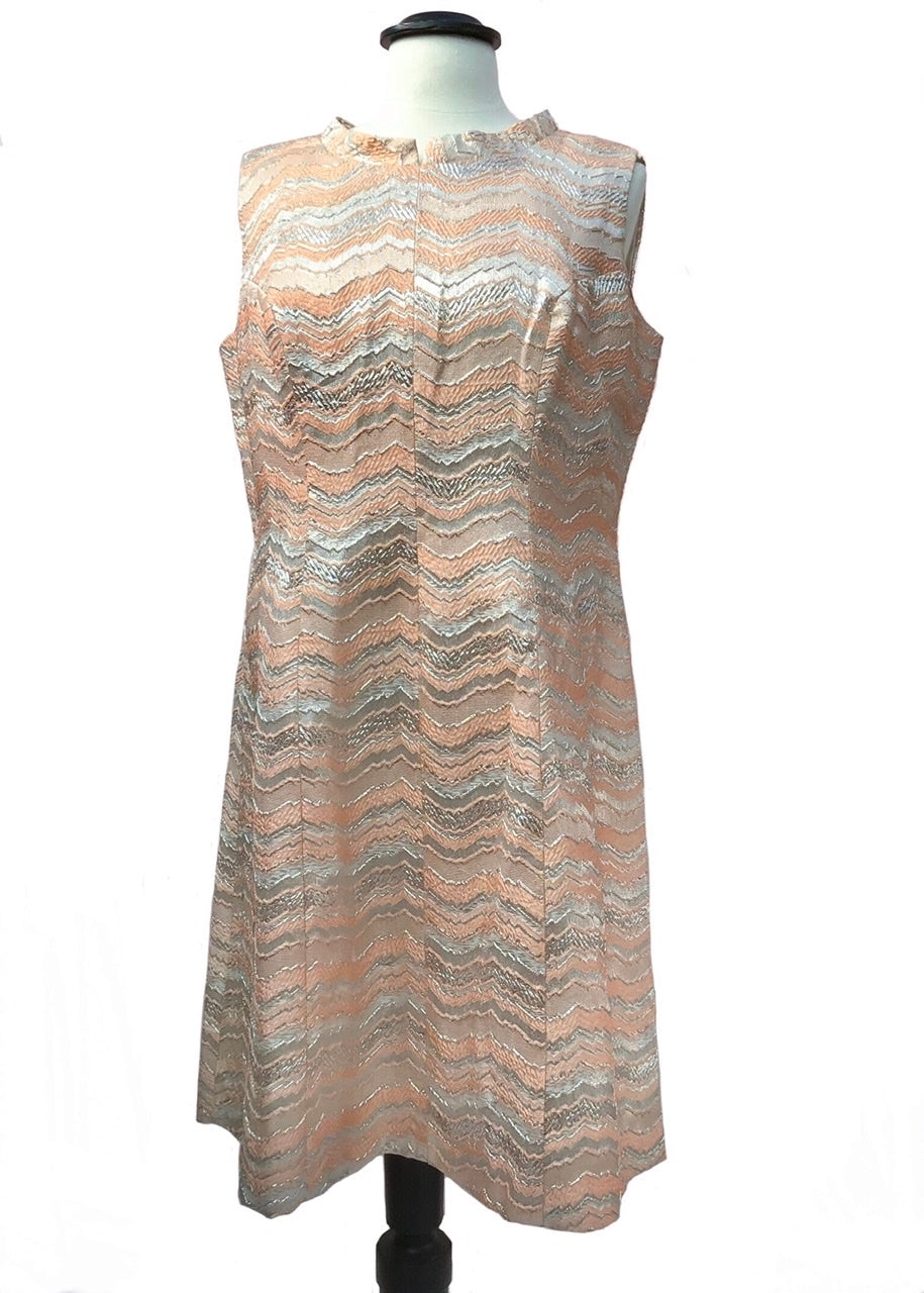 fantastic peachy pink and silver sleeveless mini dress, space age go- go dress to fit 44 inch bust