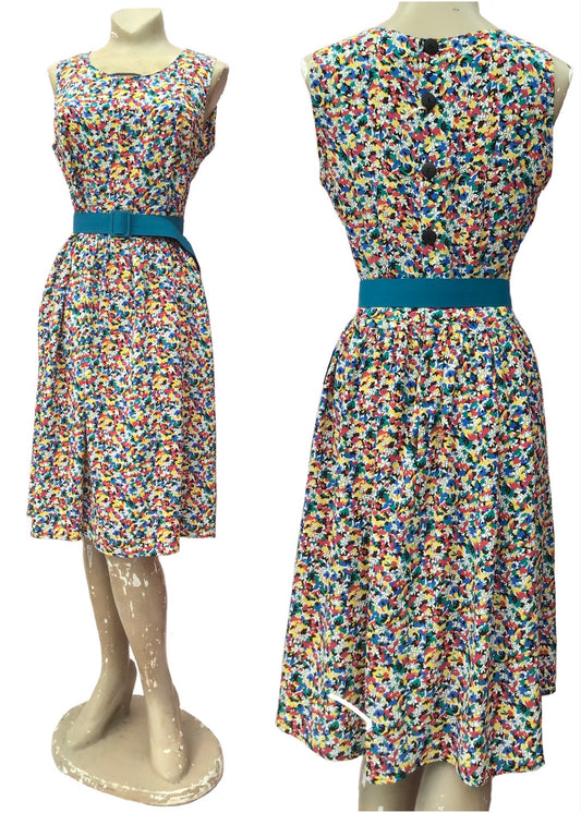 1980s Vintage Multicolour Crepe Sleeveless Drop Waist Flapper Sun Dress