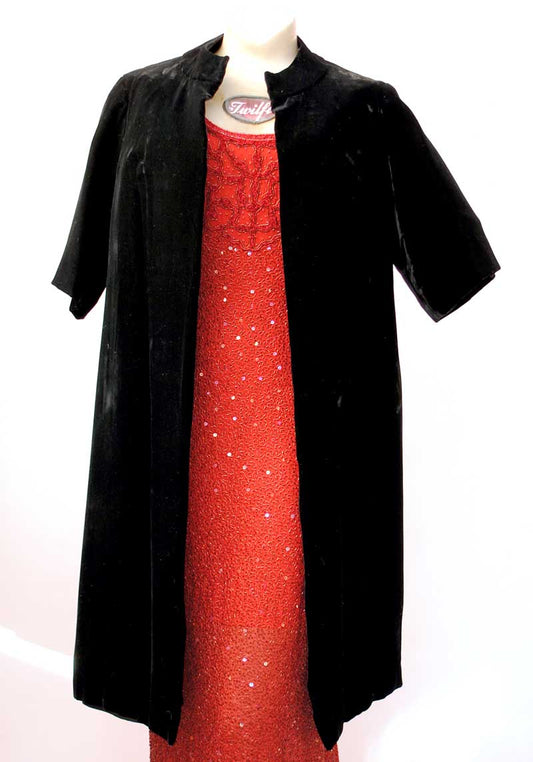 glamorous 1950s black silk velvet opera coat, duster evening coat