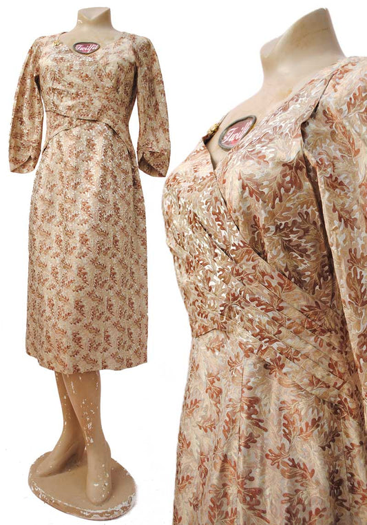 vintage 40s autum oak leaf silk damask dress 36 bust