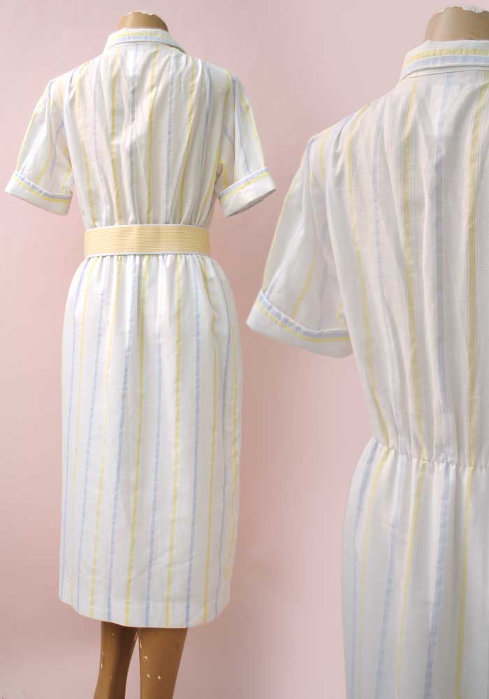 1970s Vintage White Pastel Stripes Shirt-waister • Summer Tea Dress