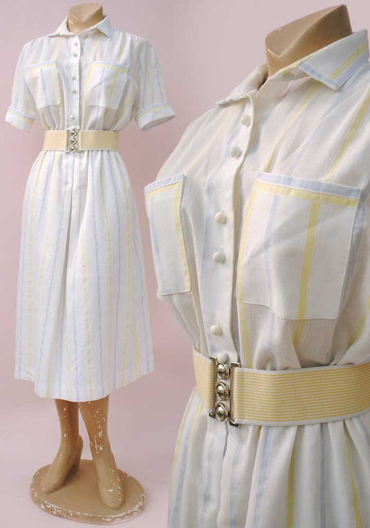 white cotton shirtwaister vintage dress, pastel stripes