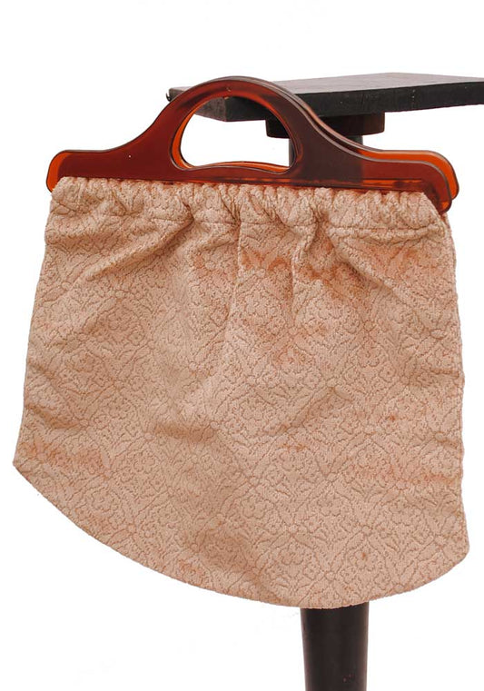 vintage 50s peach  velvet knitting bag with lucite handles