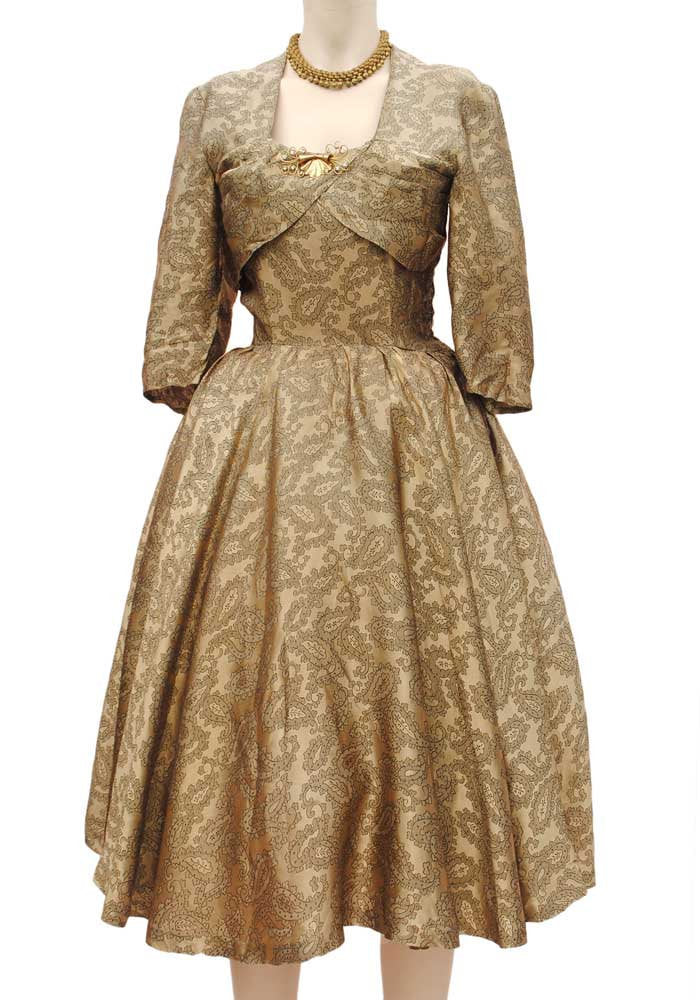 1950s vintage gold fit and flare cocktail dress, full skirt