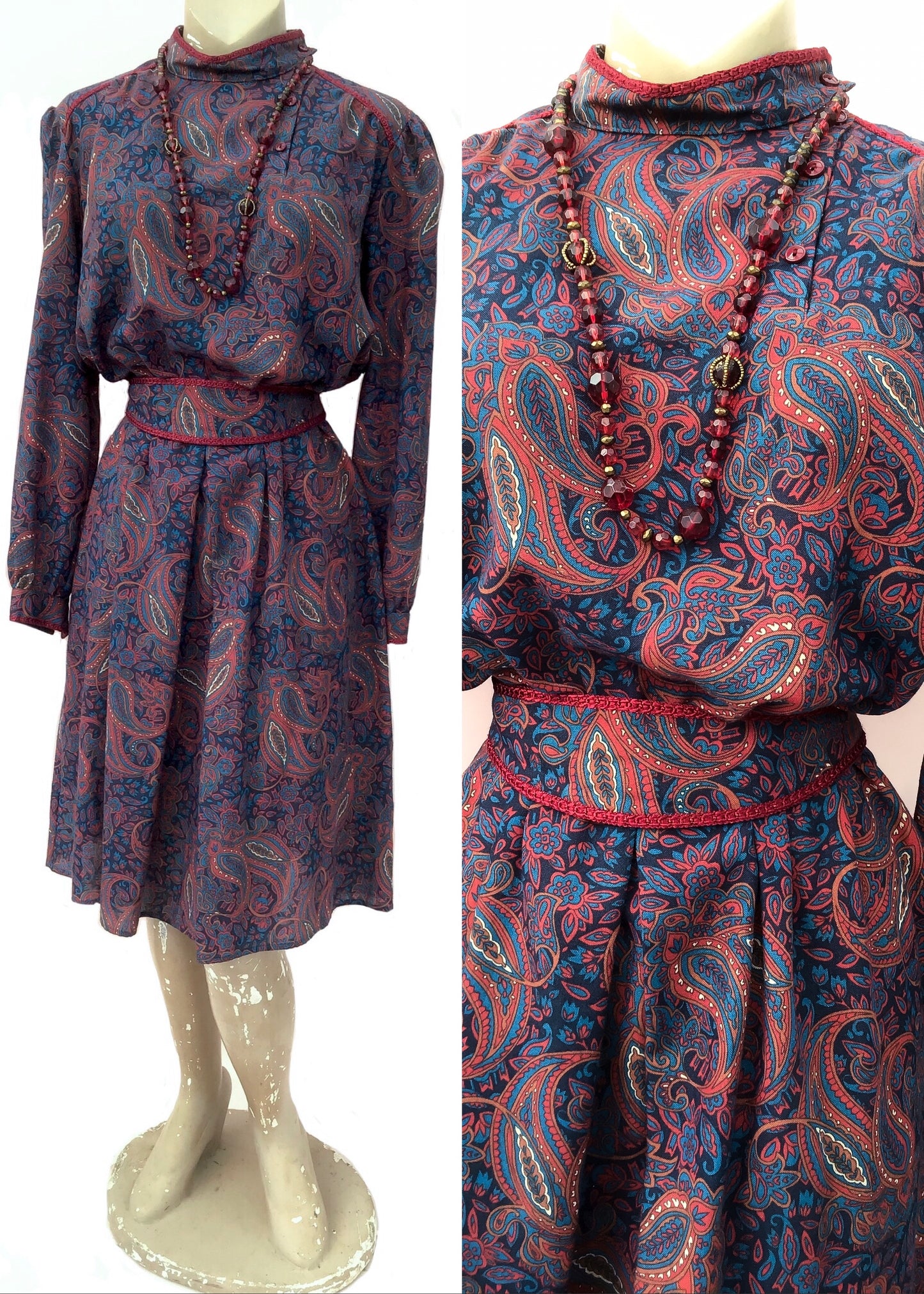 Vintage 70s wool paisley print cossack style dress, perfect for autumn with long sleeves, cummerbund belt and high collar. Made by St Michael.