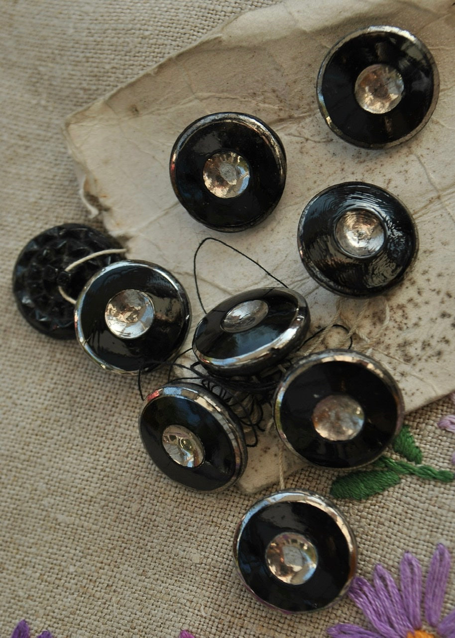 Nine Vintage Black & Silver Glass Buttons