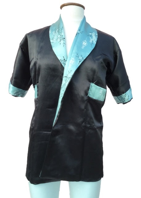 Vintage Blue Black Reversible Embroidered Dragon Robe