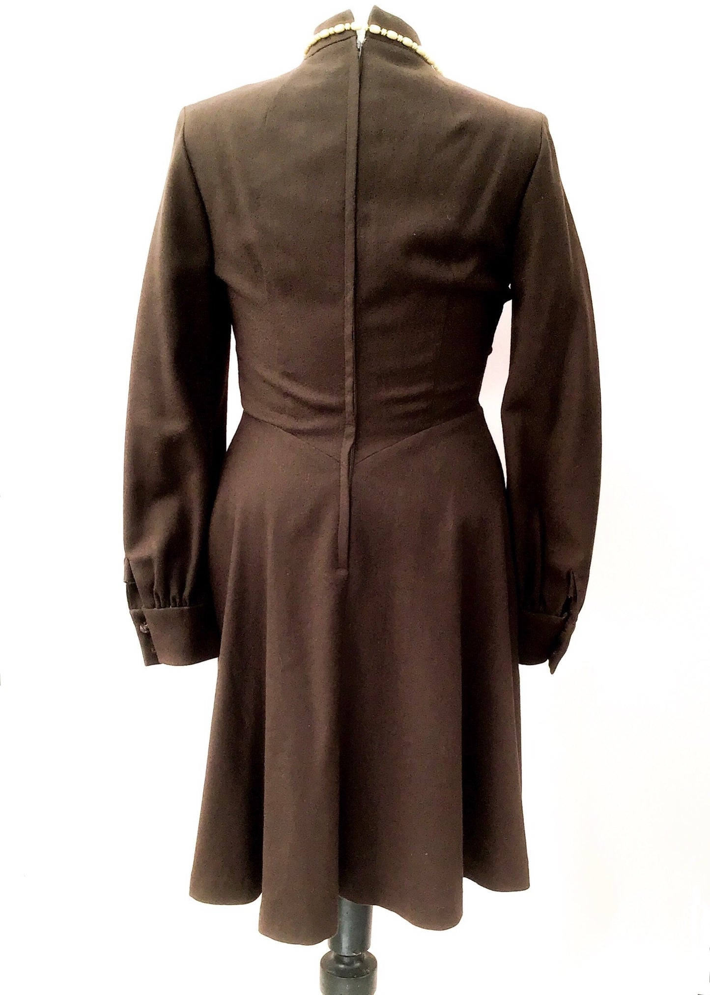 1970s Brown Worsted Fit n Flare Dress with Long Sleeves Size 14/16