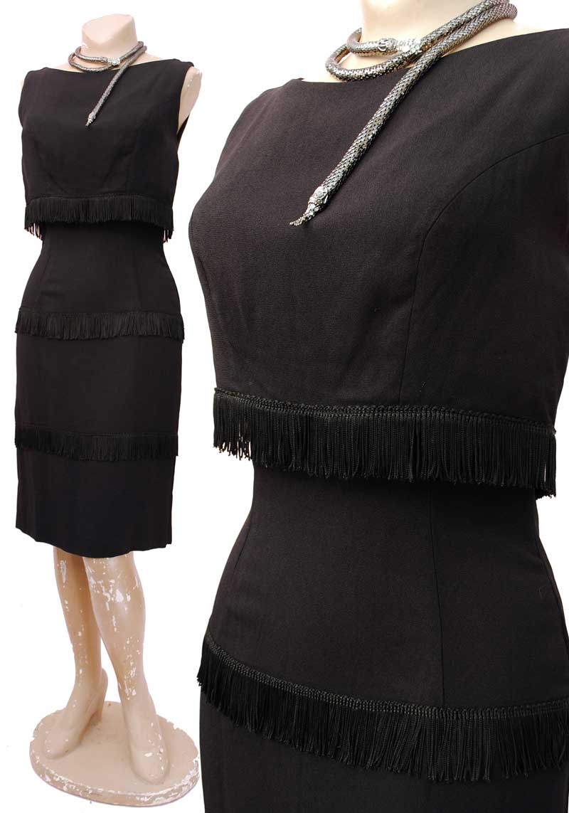 1960s Vintage Black Fringed Wiggle Dress