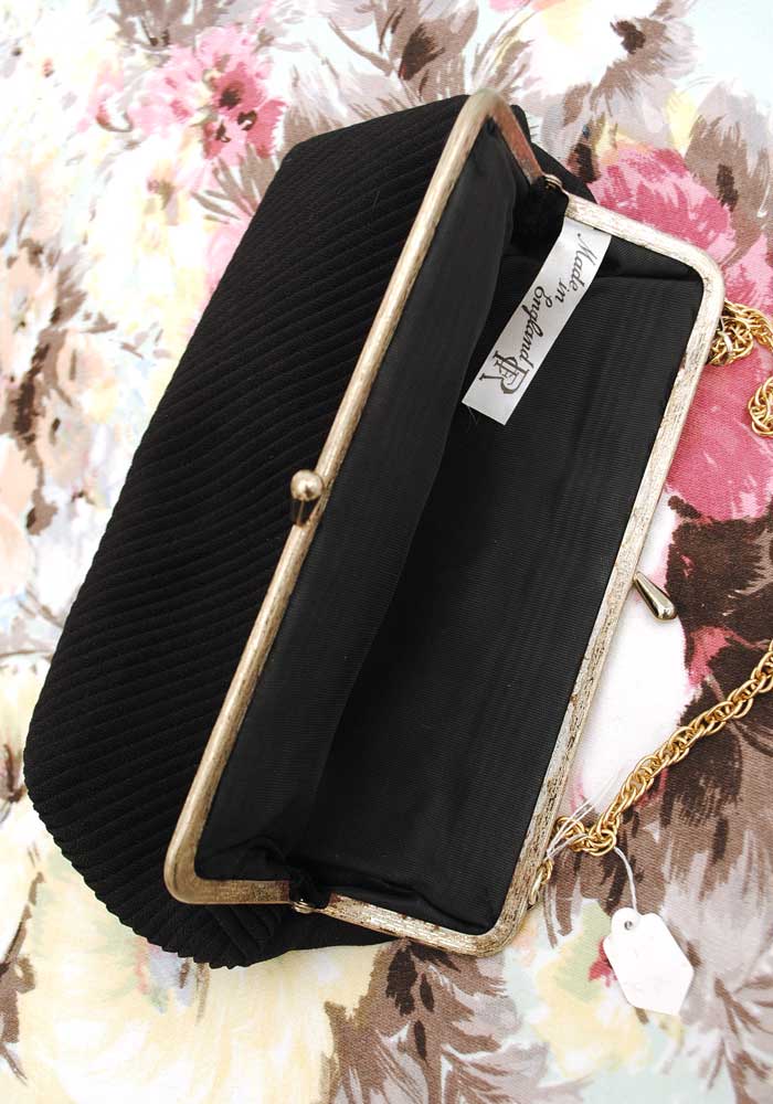 1960s Vintage Black Pleated Evening Purse Handbag • Gold Chain Handle