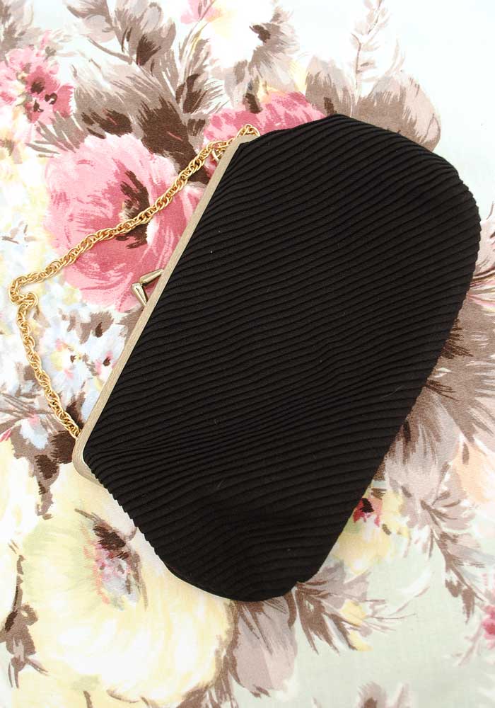 vintage 60s black pleated evening purse with gold chain strap