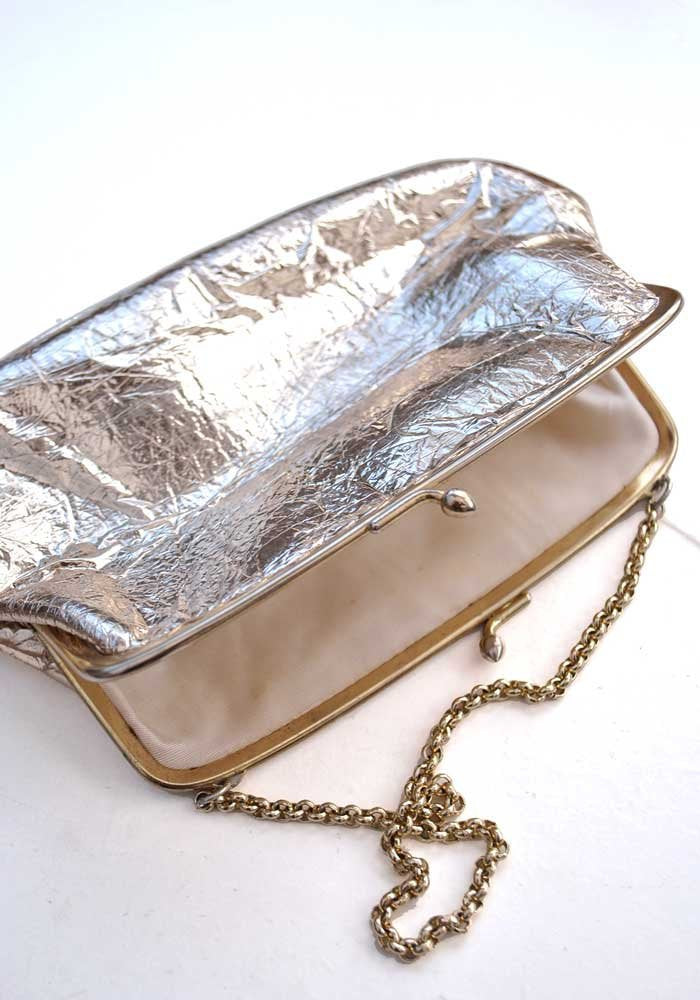 1960s Vintage Gold Foil Evening Purse Handbag with Chain Strap Handle