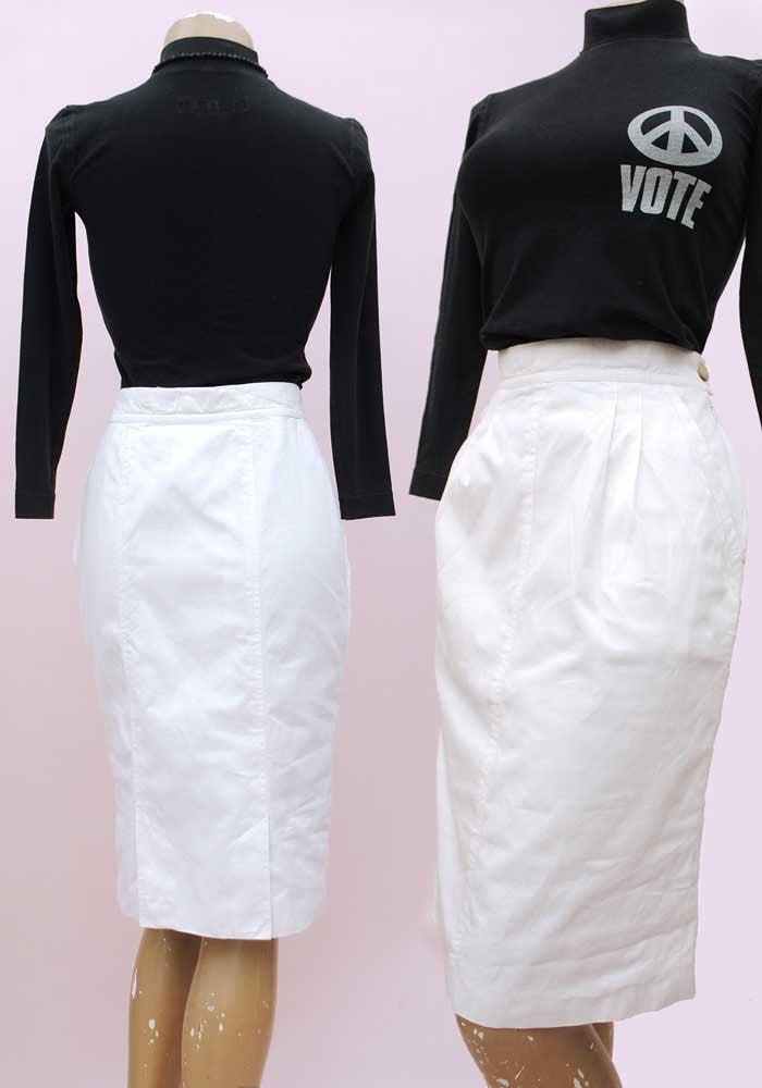 White pencil skirt with pockets, vintage 1980s fashion